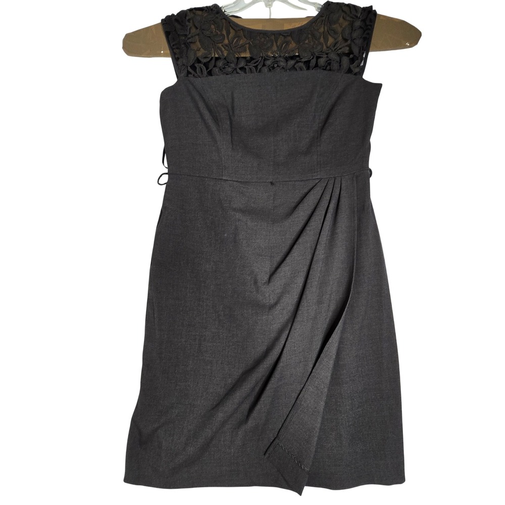 Jones Wear Women's Charcoal Gray Lace Detail Sheath Dress Cap Sleeve Knee Length